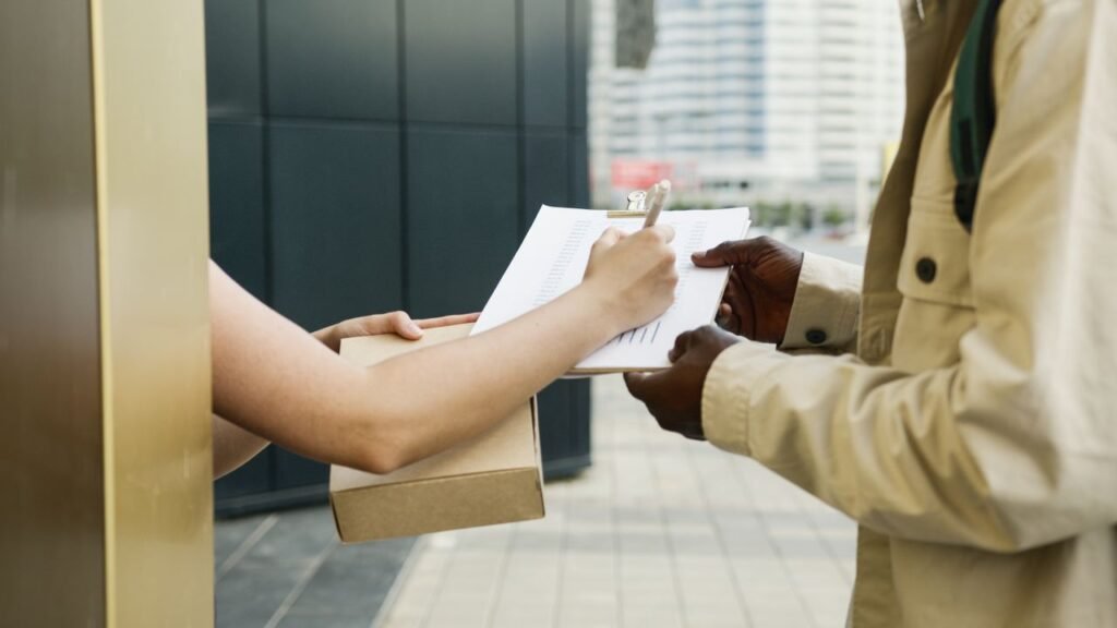 The Art of Drawing Readers In: Your attractive post title goes here An outdoor scene of a package being delivered and a receipt being signed.